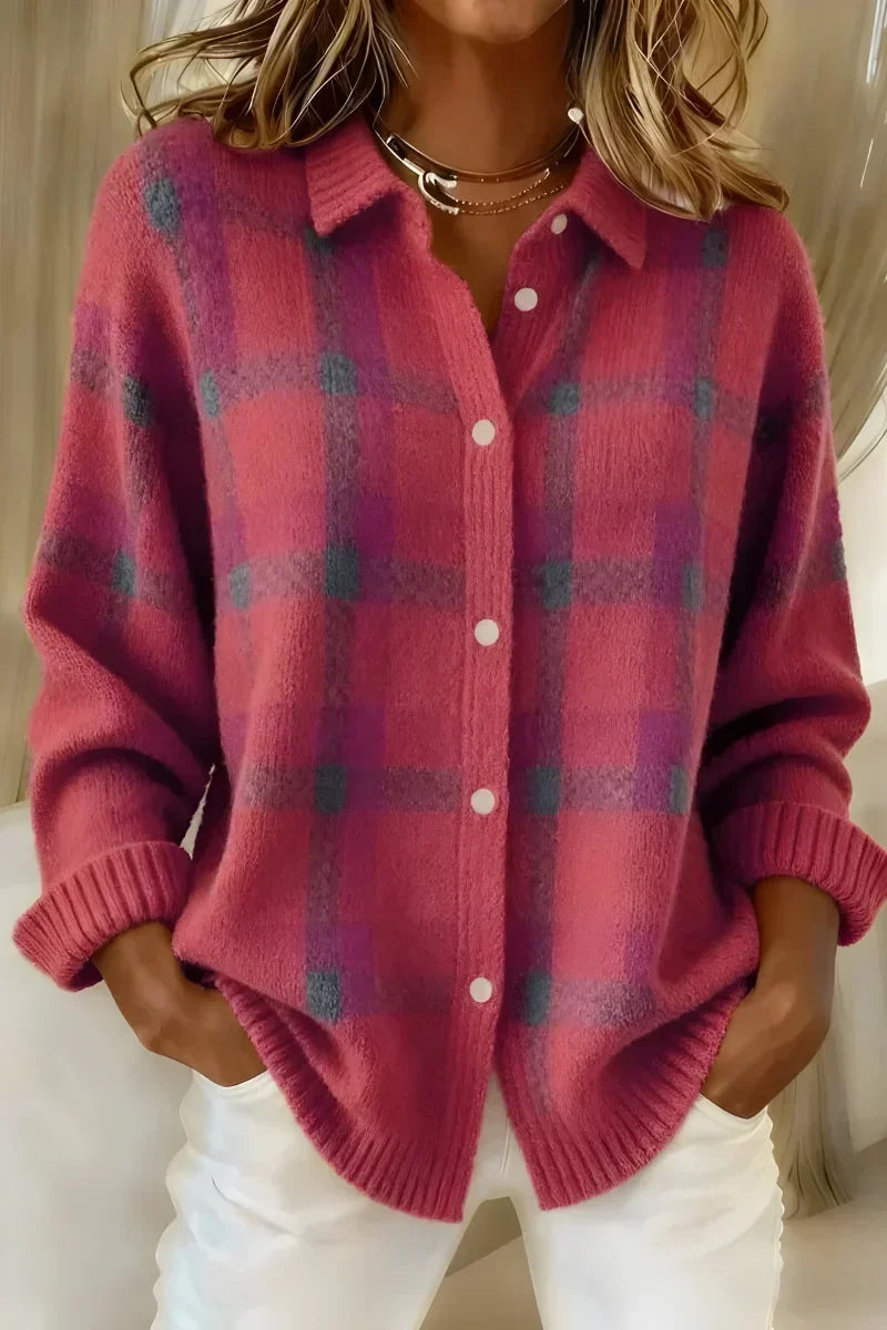 Ashley | Cardigan Classico a Quadri con Collo Rosa
