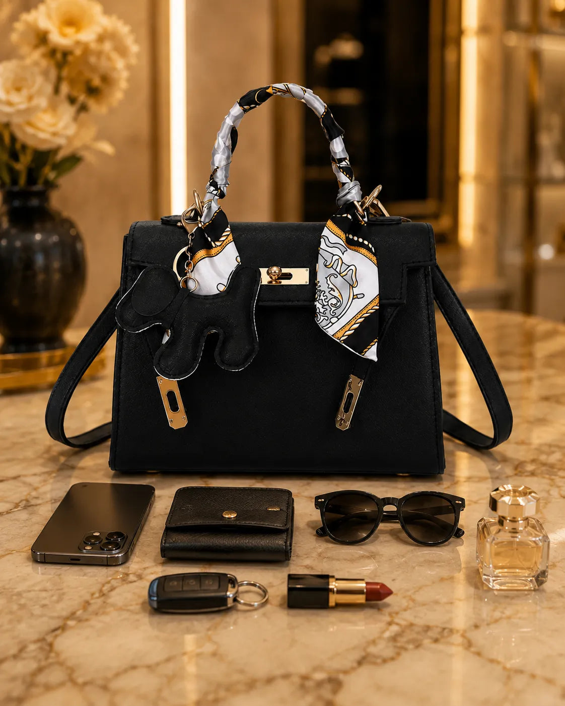 Celeste | Satchel Strutturata Elegante con Foulard e Ciondolo