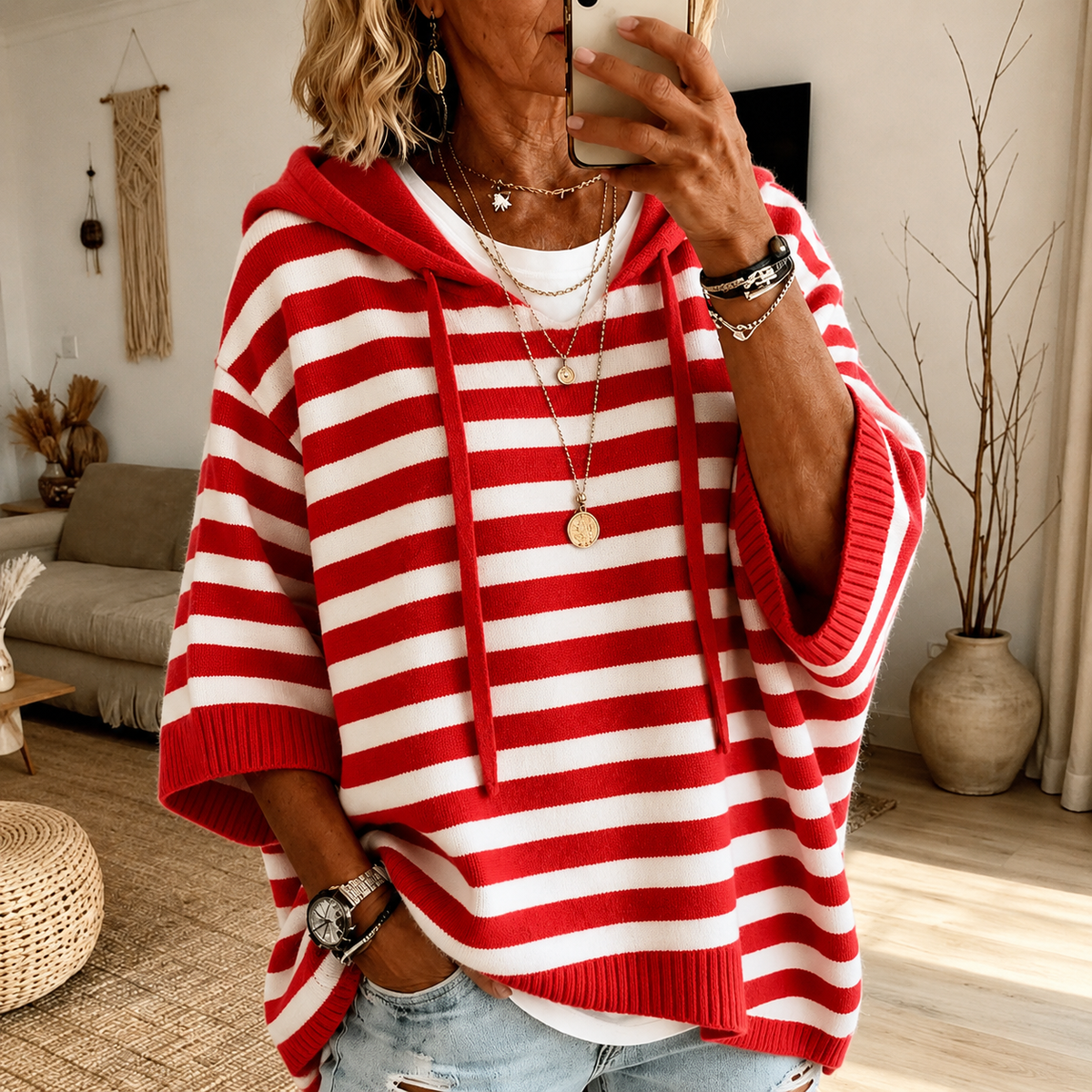 Charlotte | Maglione a Poncho a Righe Rosso
