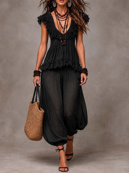 DONATELLA | Set Nero Boho con Scollo a V e Rifiniture in Pizzo