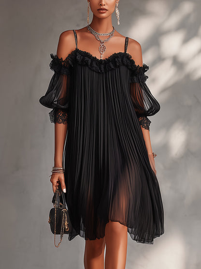 GINEVRA | Mini Abito Nero in Mussola con Design Off-Shoulder e Bordi in Pizzo