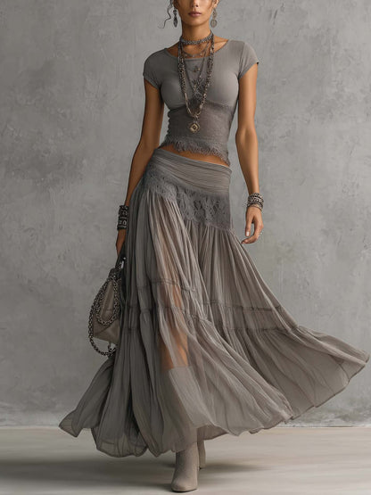 BEATRICE | Set Top in Pizzo Grigio e Gonna Maxi Plissettata