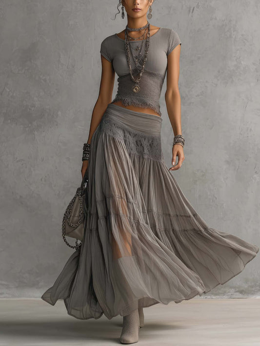 BEATRICE | Set Top in Pizzo Grigio e Gonna Maxi Plissettata