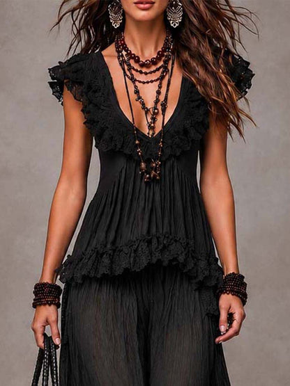 DONATELLA | Set Nero Boho con Scollo a V e Rifiniture in Pizzo