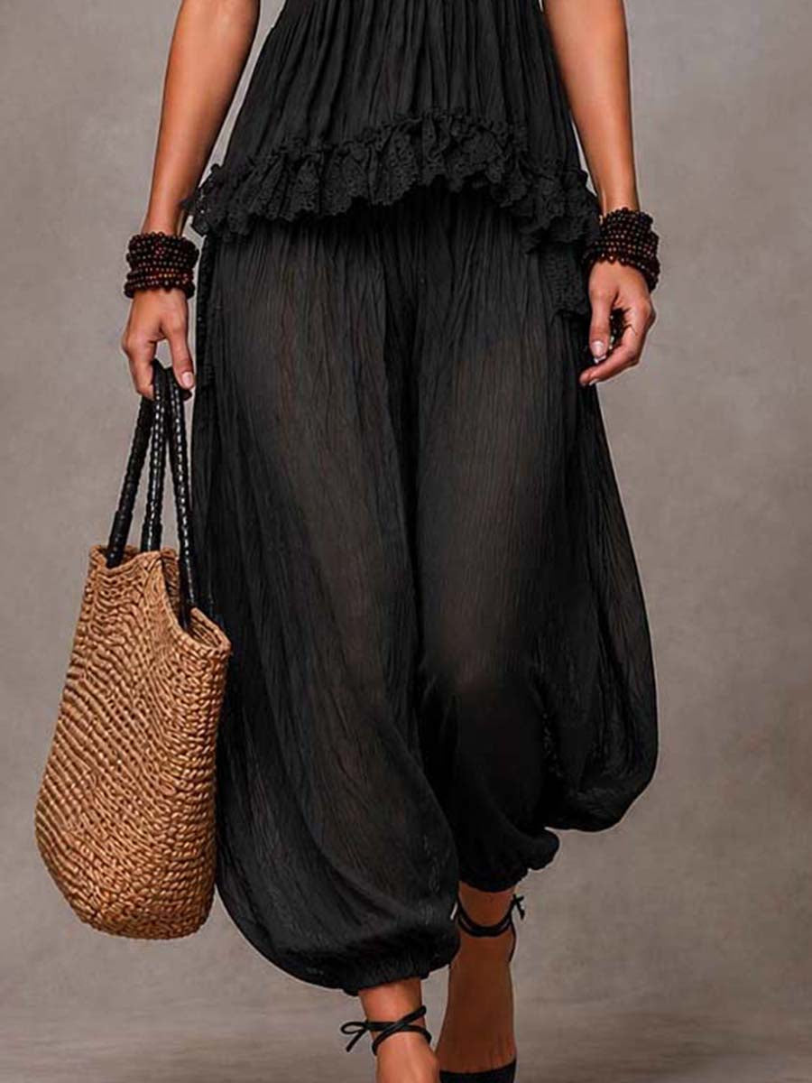DONATELLA | Set Nero Boho con Scollo a V e Rifiniture in Pizzo