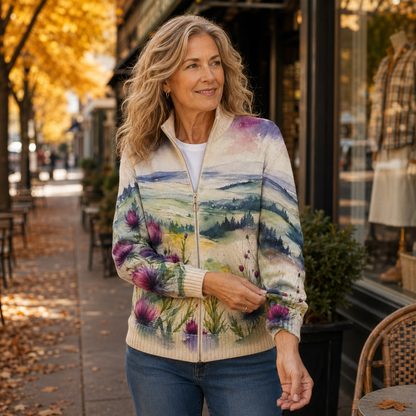 Zelda | Cardigan con Zip a Paesaggio di Cardo Scozzese