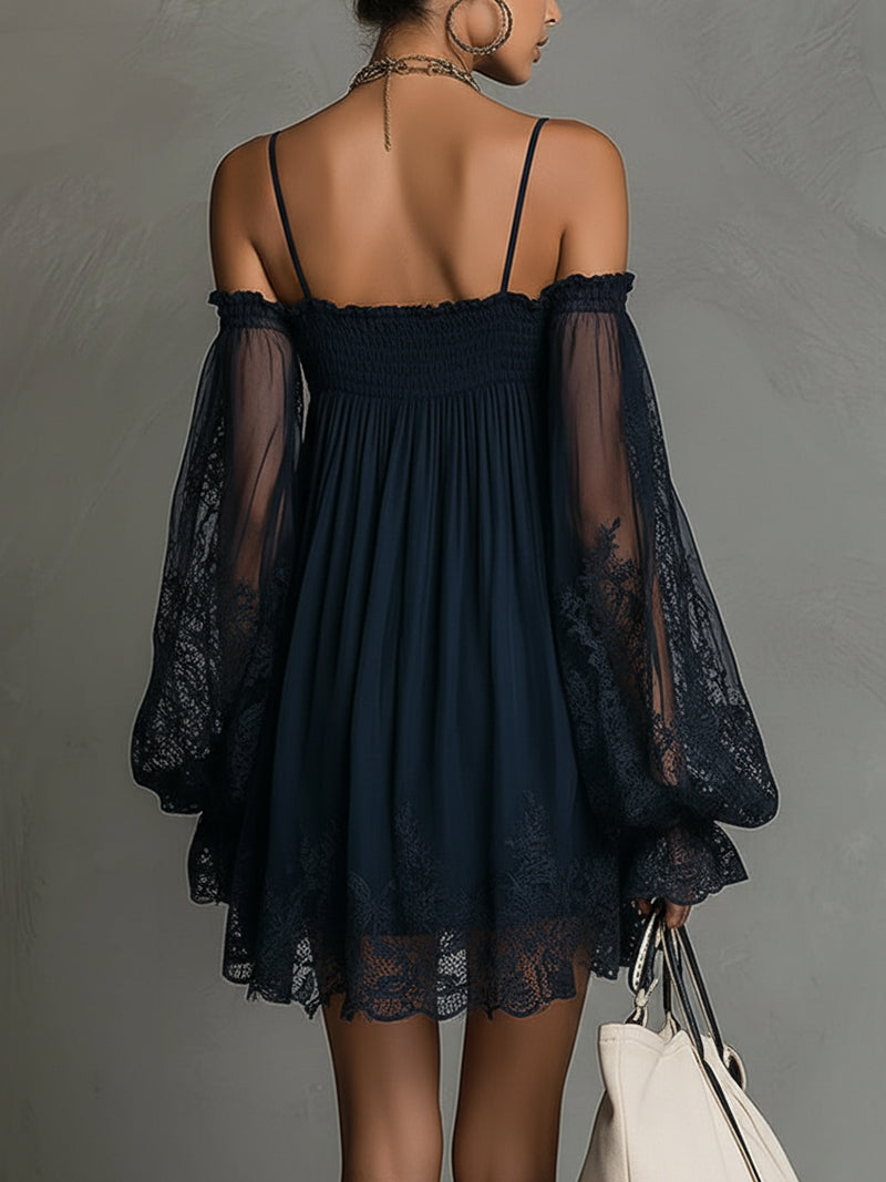 NOEMI | Mini Abito in Chiffon con Pizzo Blu Navy