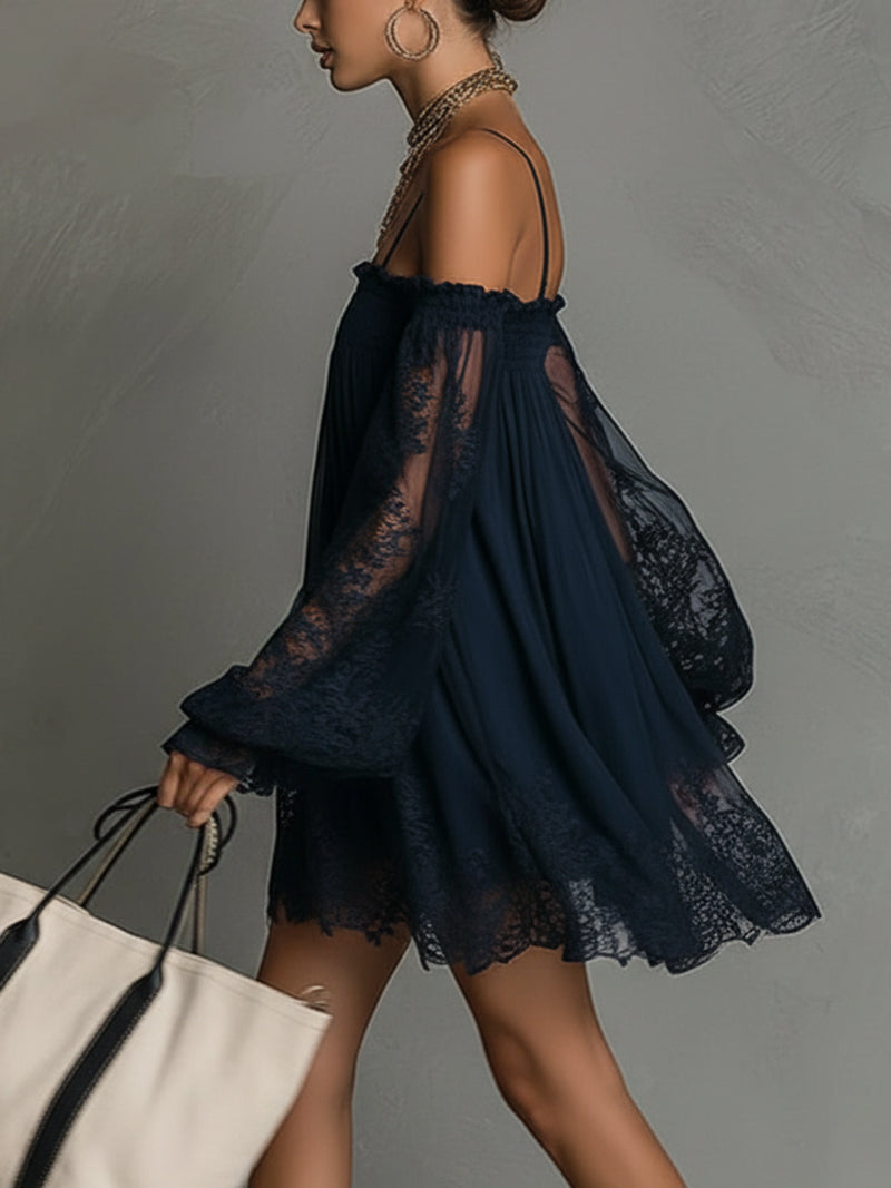 NOEMI | Mini Abito in Chiffon con Pizzo Blu Navy