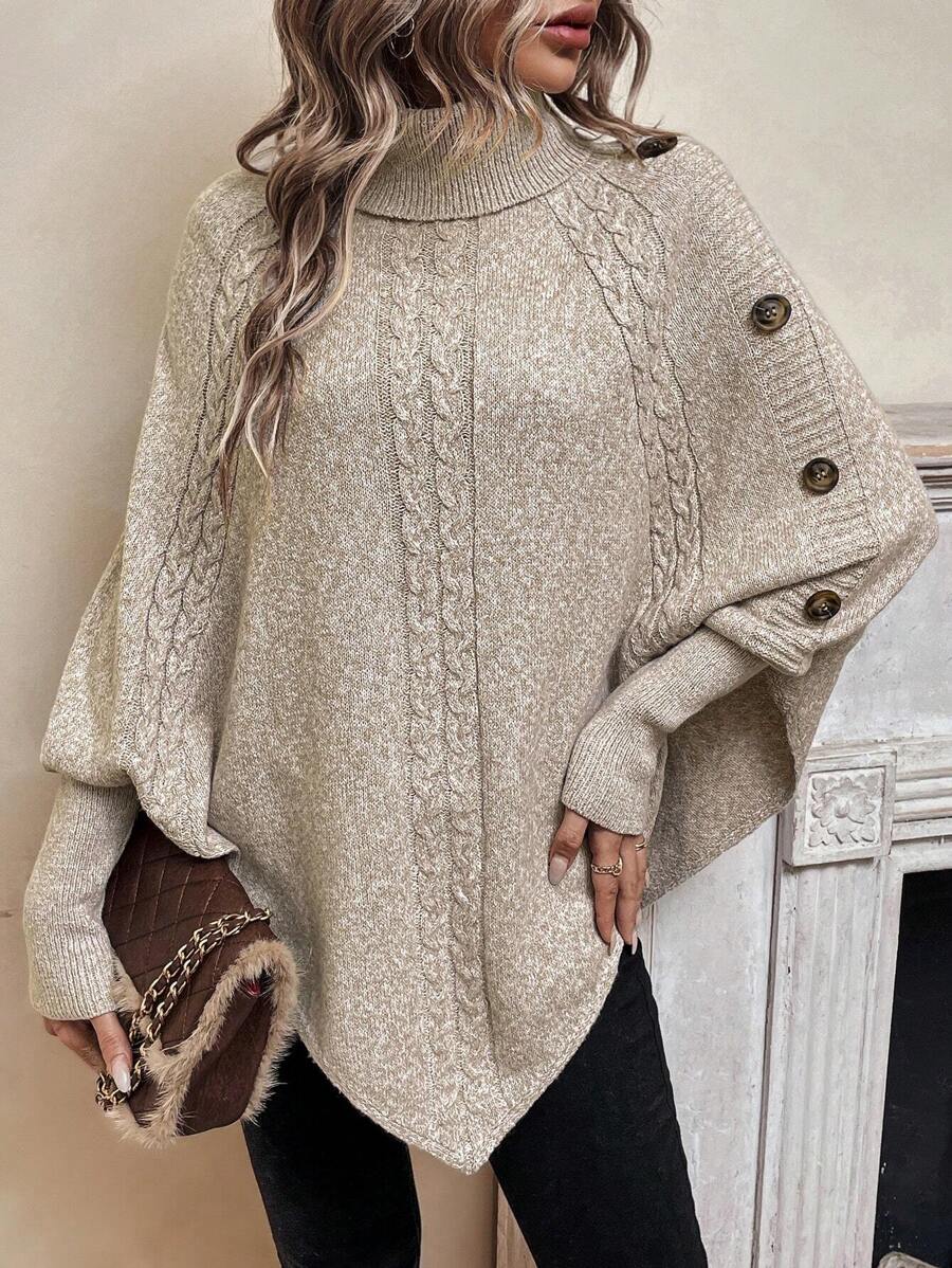 Alexis | Poncho a Collo Alto con Maniche a Pipistrello, Pullover Asimmetrico a Trecce