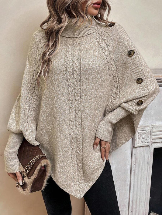 Alexis | Poncho a Collo Alto con Maniche a Pipistrello, Pullover Asimmetrico a Trecce