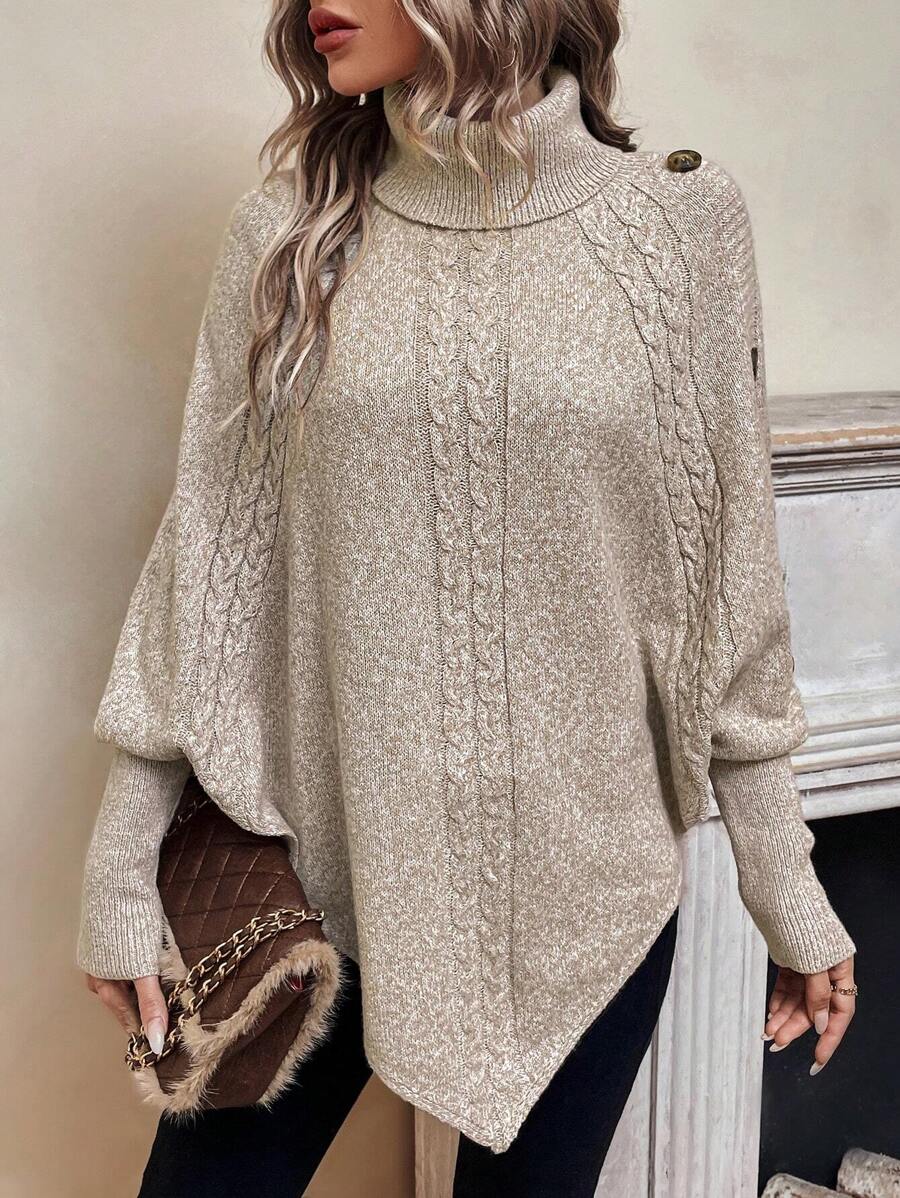 Alexis | Poncho a Collo Alto con Maniche a Pipistrello, Pullover Asimmetrico a Trecce