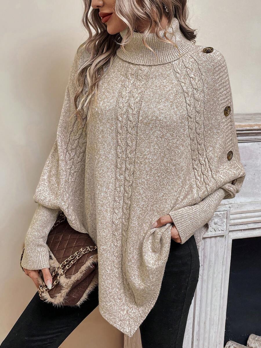 Alexis | Poncho a Collo Alto con Maniche a Pipistrello, Pullover Asimmetrico a Trecce