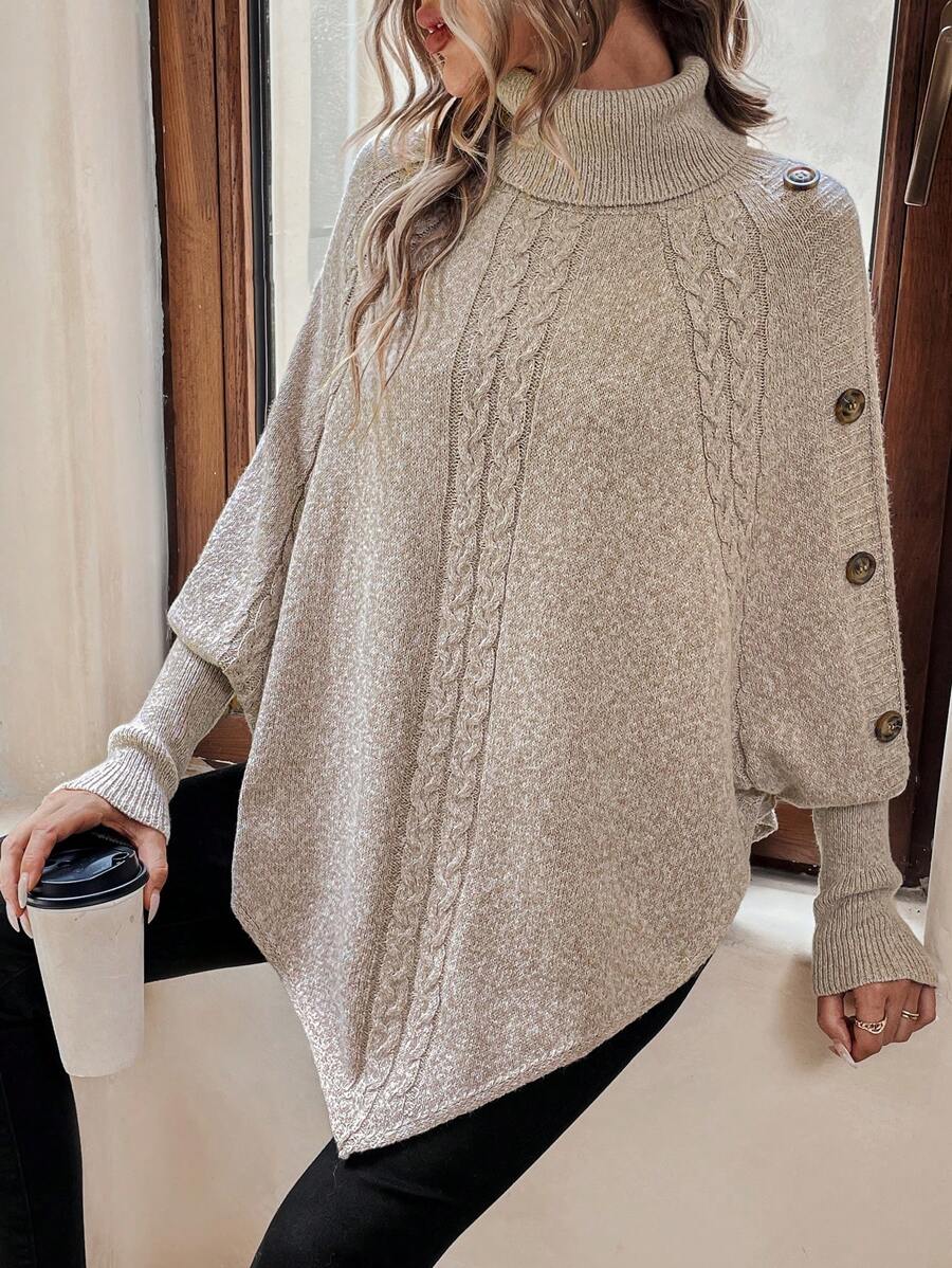 Alexis | Poncho a Collo Alto con Maniche a Pipistrello, Pullover Asimmetrico a Trecce