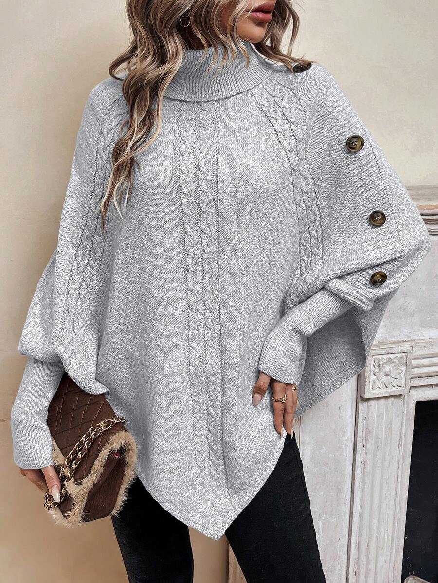 Alexis | Poncho a Collo Alto con Maniche a Pipistrello, Pullover Asimmetrico a Trecce