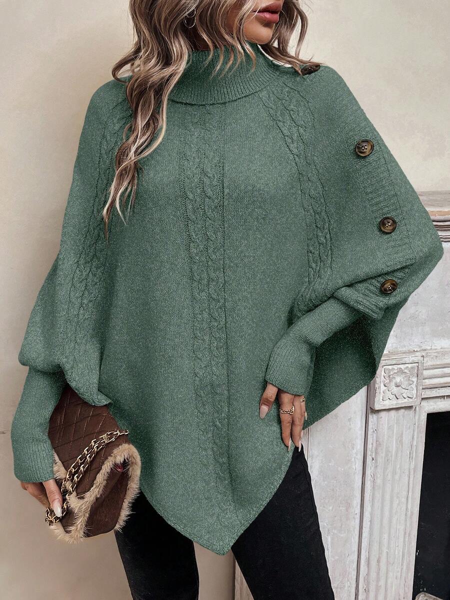 Alexis | Poncho a Collo Alto con Maniche a Pipistrello, Pullover Asimmetrico a Trecce