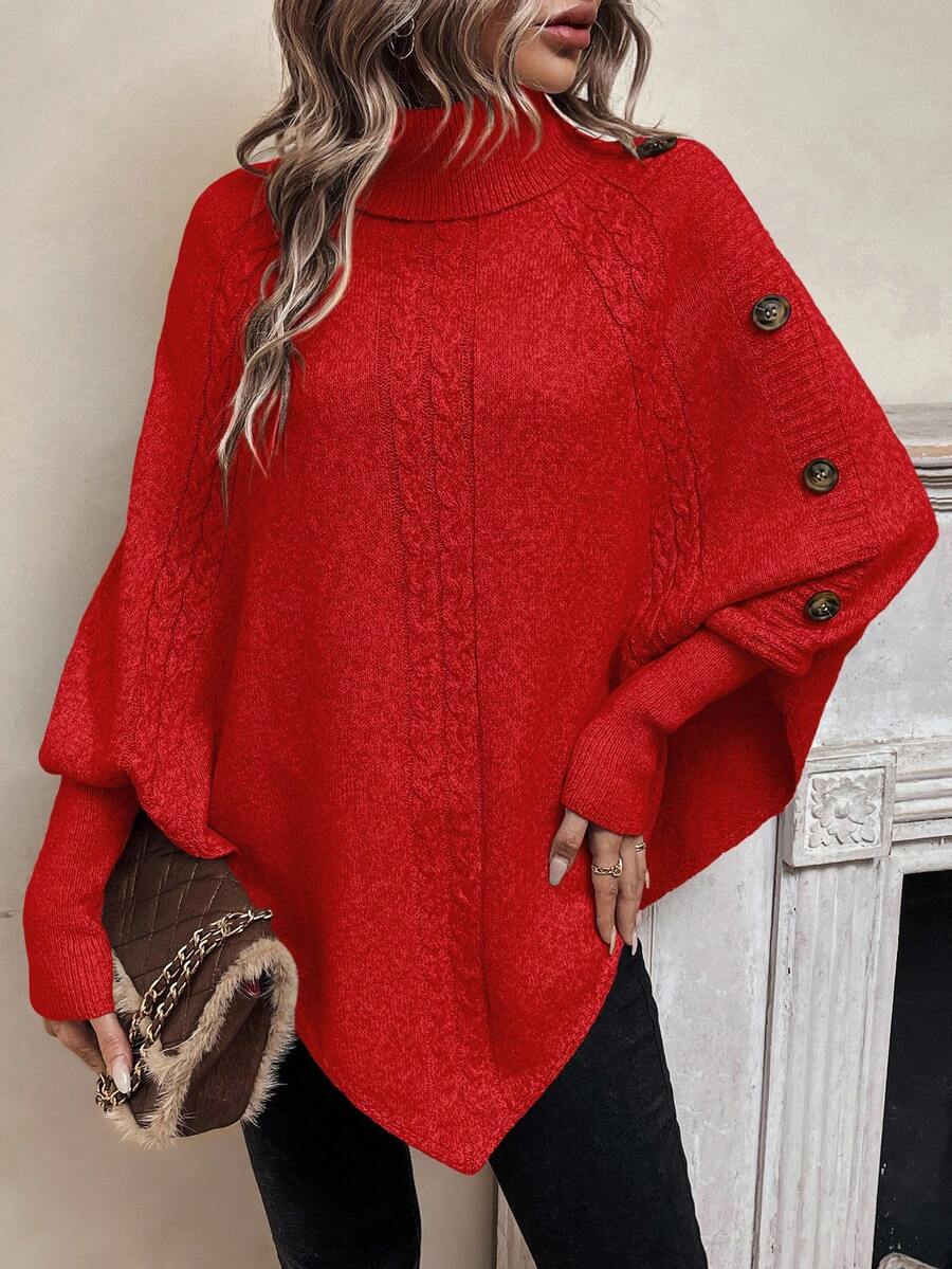 Alexis | Poncho a Collo Alto con Maniche a Pipistrello, Pullover Asimmetrico a Trecce
