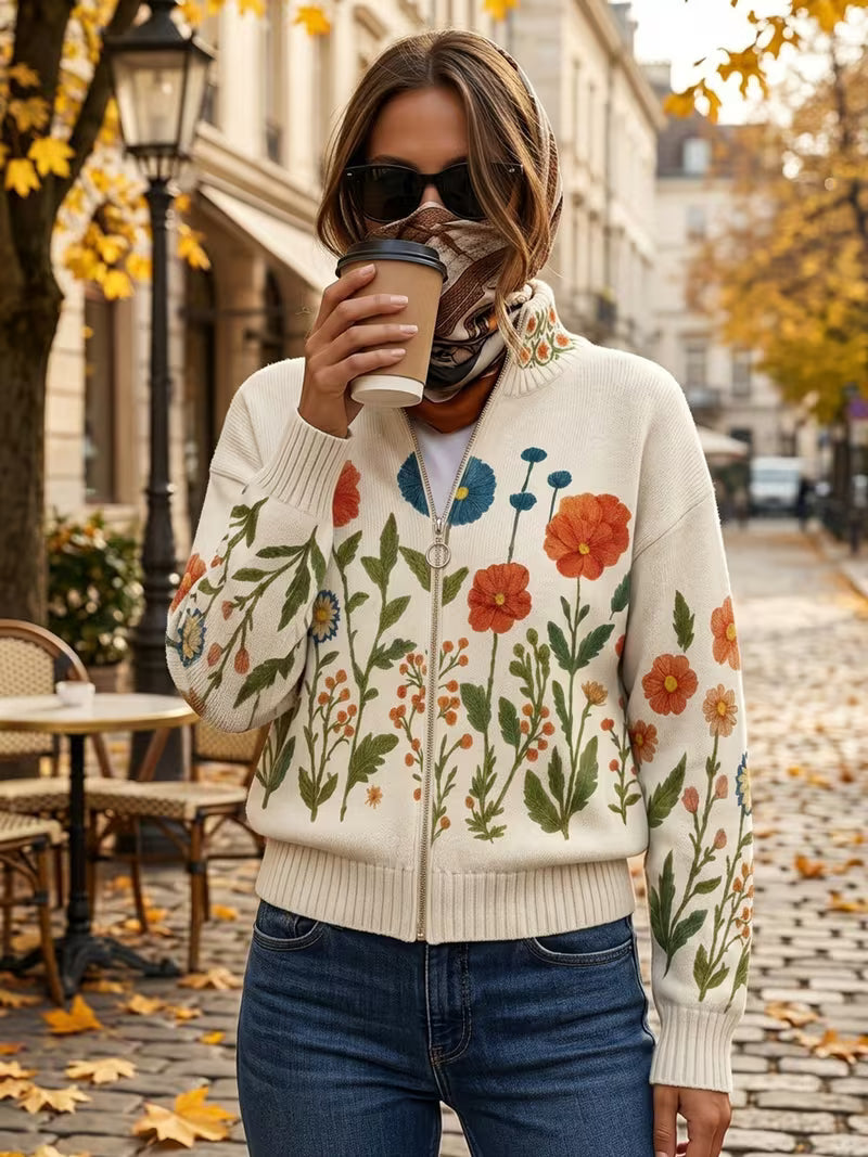 Wrenna | Cardigan con Zip a Prato di Fiori di Campo