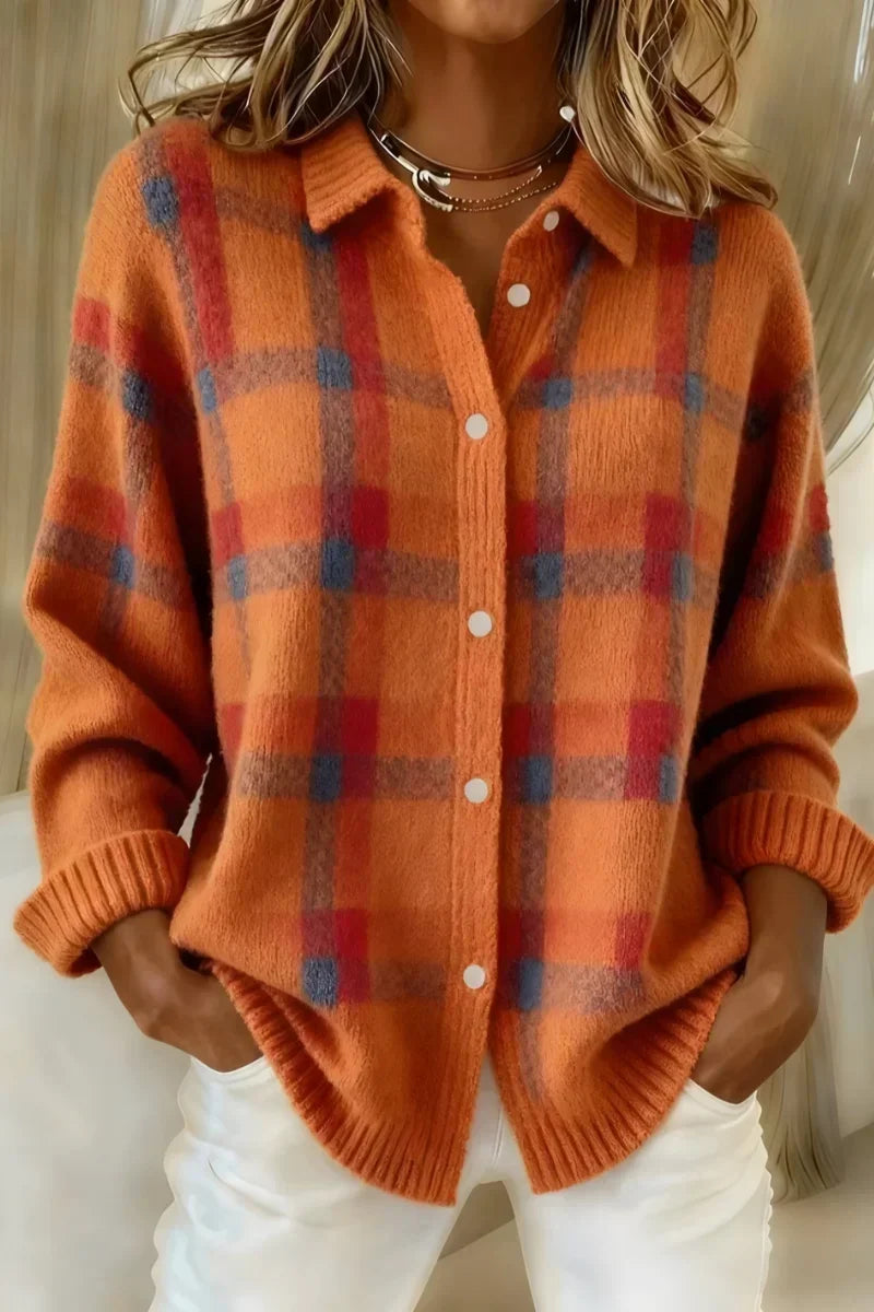 Megan | Cardigan a Quadri con Bottoni Arancione