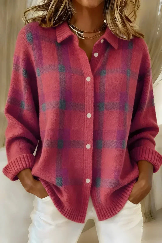 Ashley | Cardigan Classico a Quadri con Collo Rosa