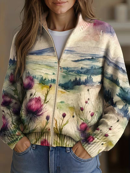 Zelda | Cardigan con Zip a Paesaggio di Cardo Scozzese