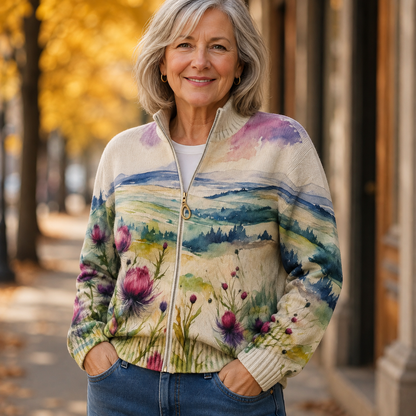 Zelda | Cardigan con Zip a Paesaggio di Cardo Scozzese