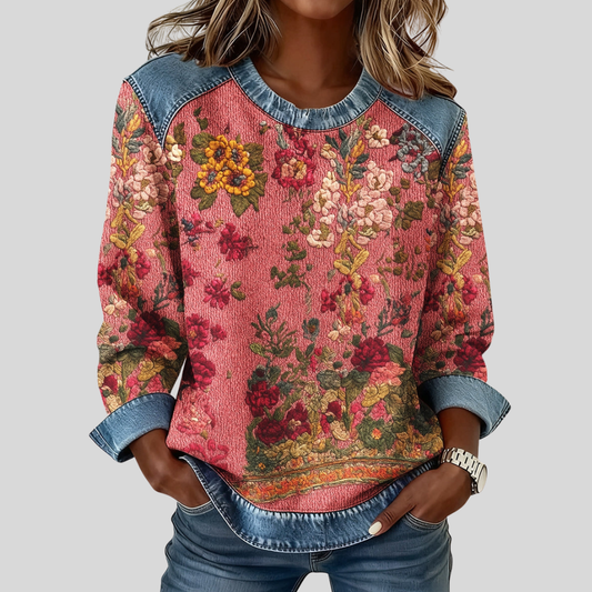 Orabelle | Felpa Floreale con Bordo in Denim