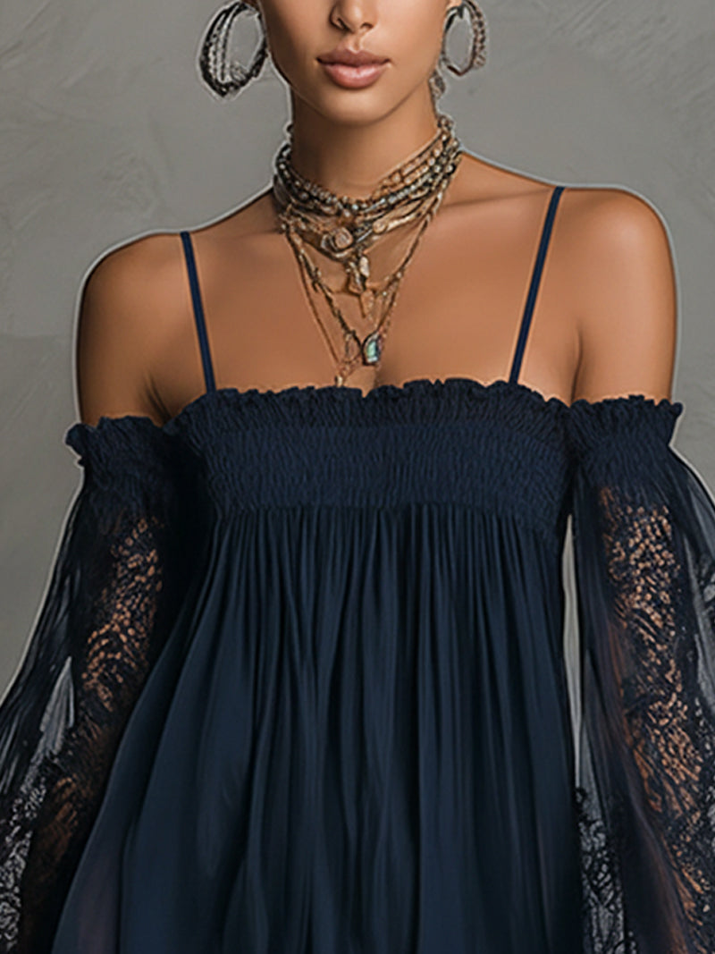 NOEMI | Mini Abito in Chiffon con Pizzo Blu Navy