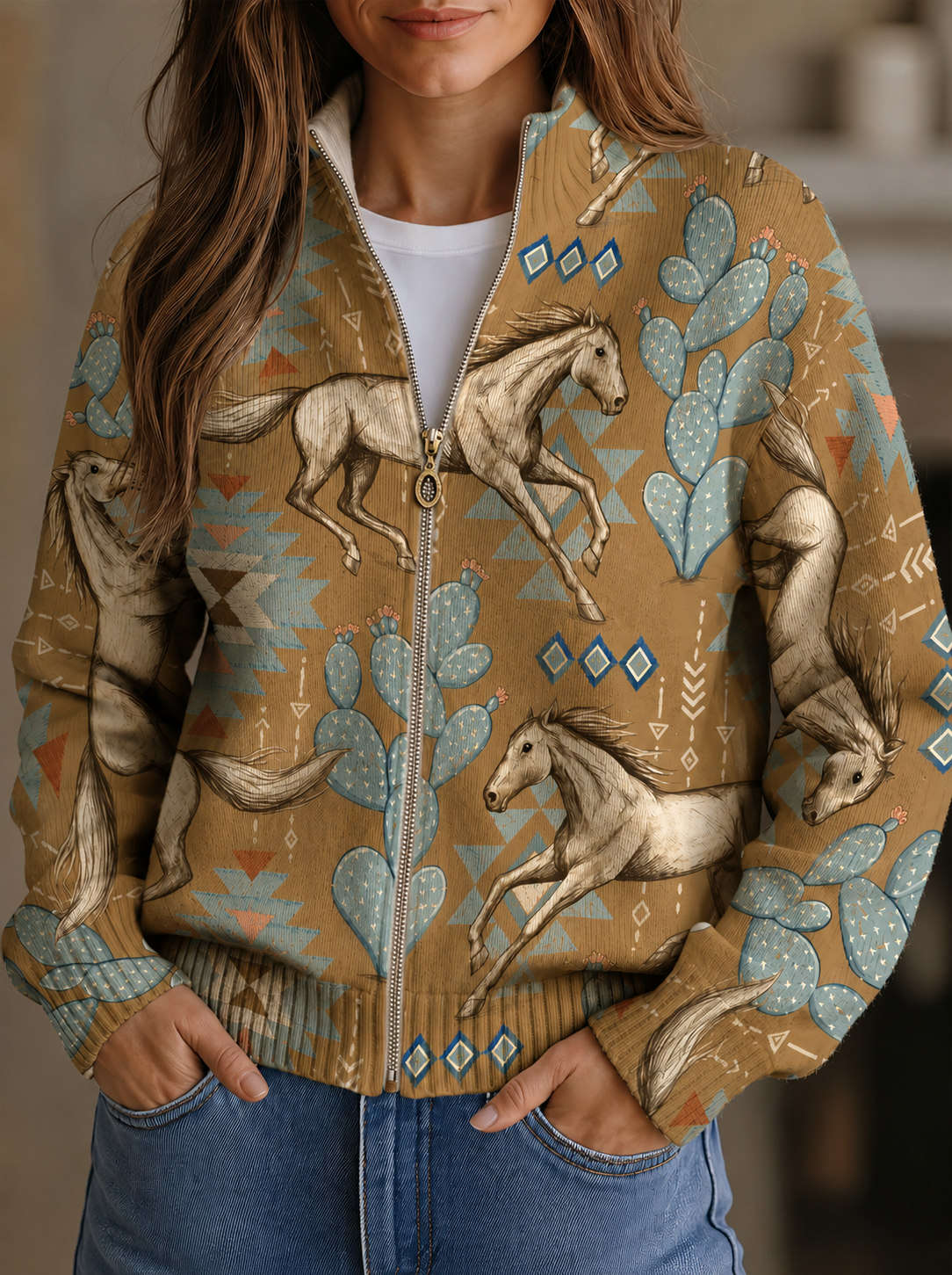 Perpetua | Cardigan con Zip a Cavalli del Deserto e Cactus