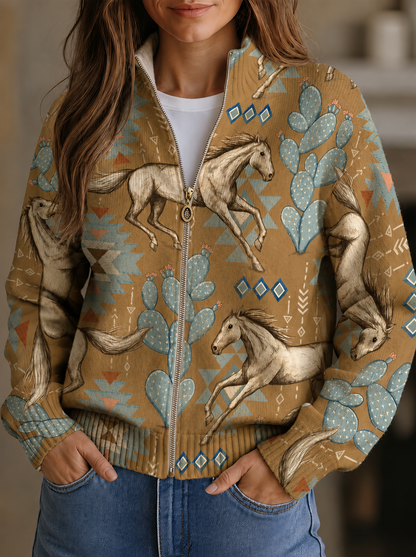 Perpetua | Cardigan con Zip a Cavalli del Deserto e Cactus