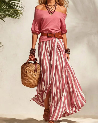 MADISON | Set Gonna Maxi a Righe con Top a Spalle Scoperte