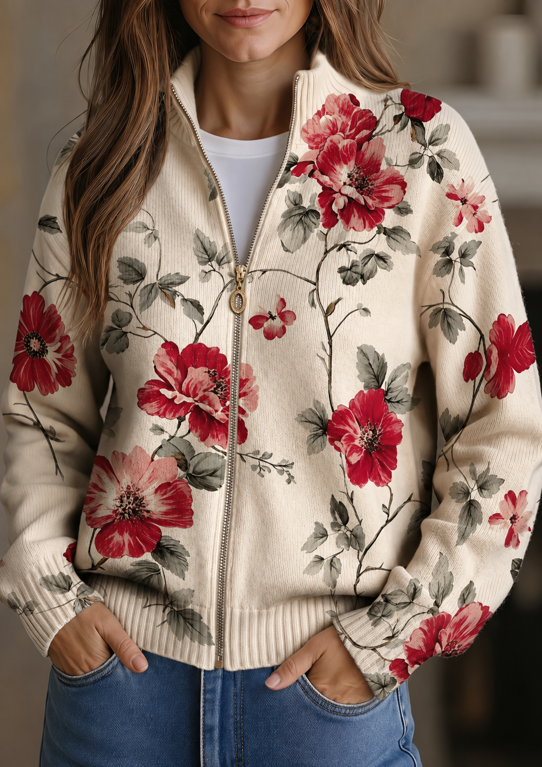 Wilhelmine | Cardigan con Zip a Stampa di Rose Vintage