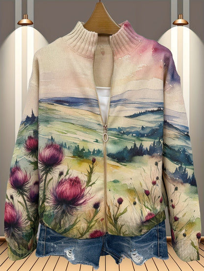 Zelda | Cardigan con Zip a Paesaggio di Cardo Scozzese