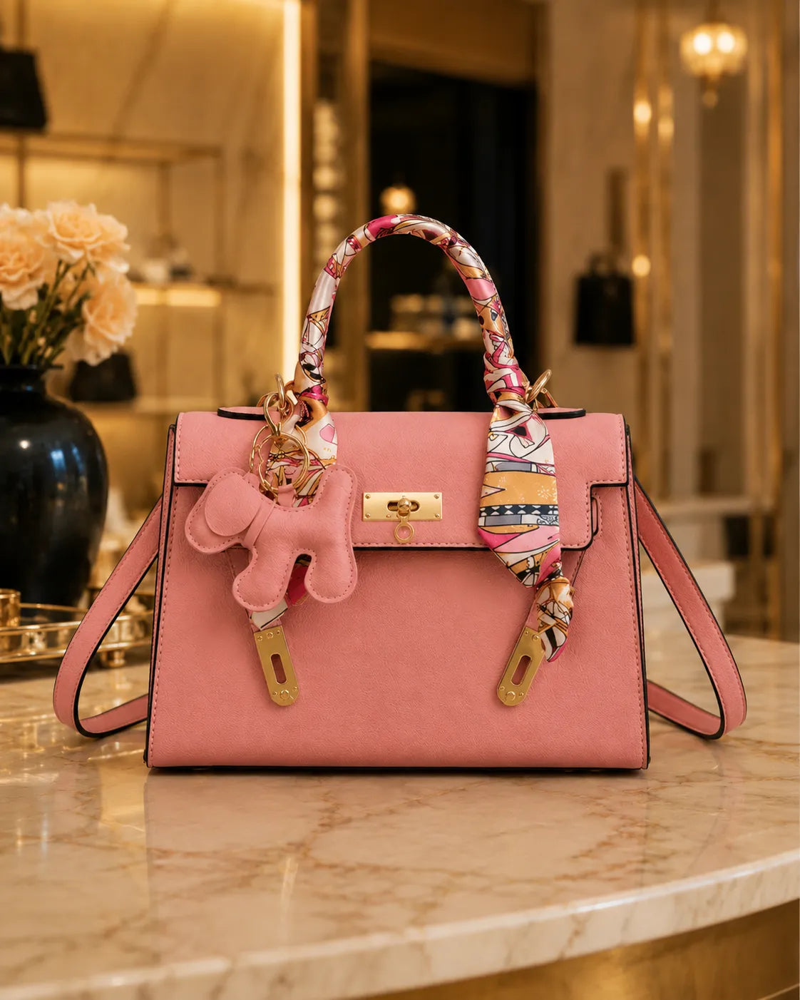 Celeste | Satchel Strutturata Elegante con Foulard e Ciondolo