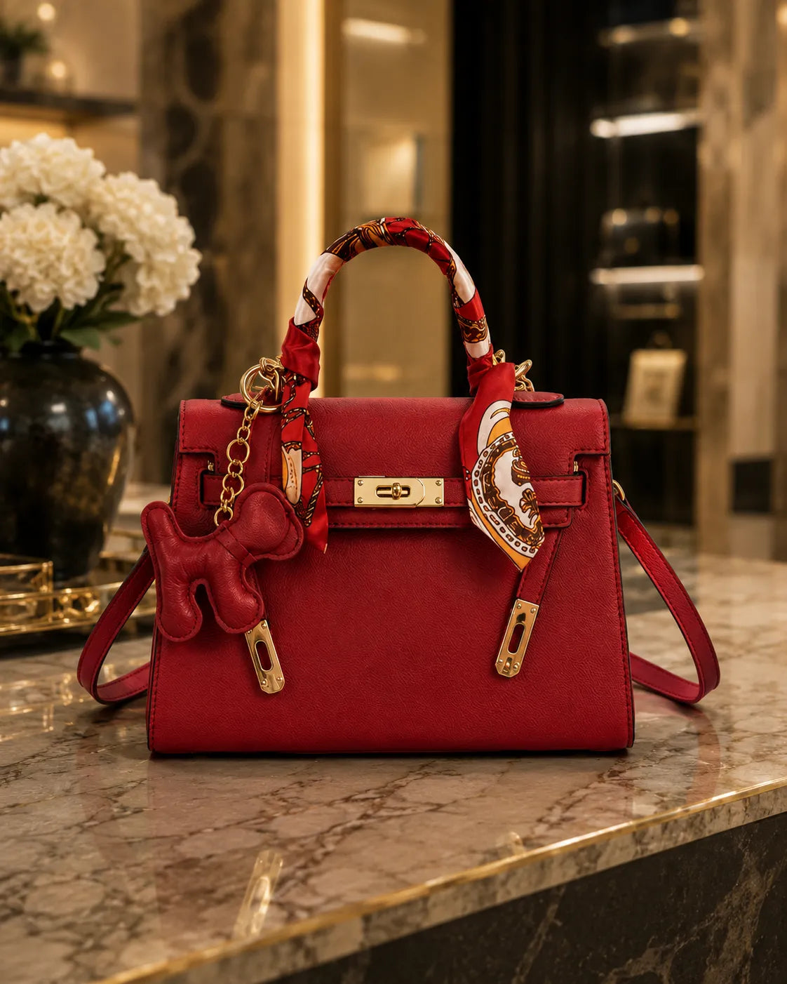 Celeste | Satchel Strutturata Elegante con Foulard e Ciondolo