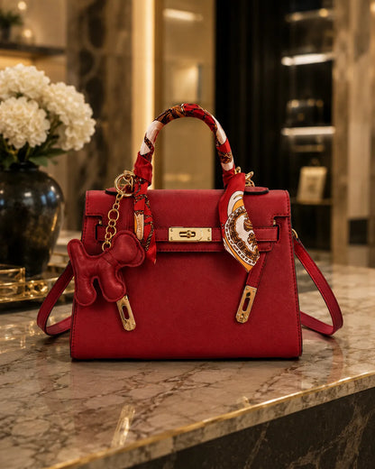 Celeste | Satchel Strutturata Elegante con Foulard e Ciondolo