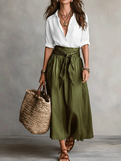 RIVER | Set Due Pezzi: Top Nero e Gonna Midi Verde Oliva