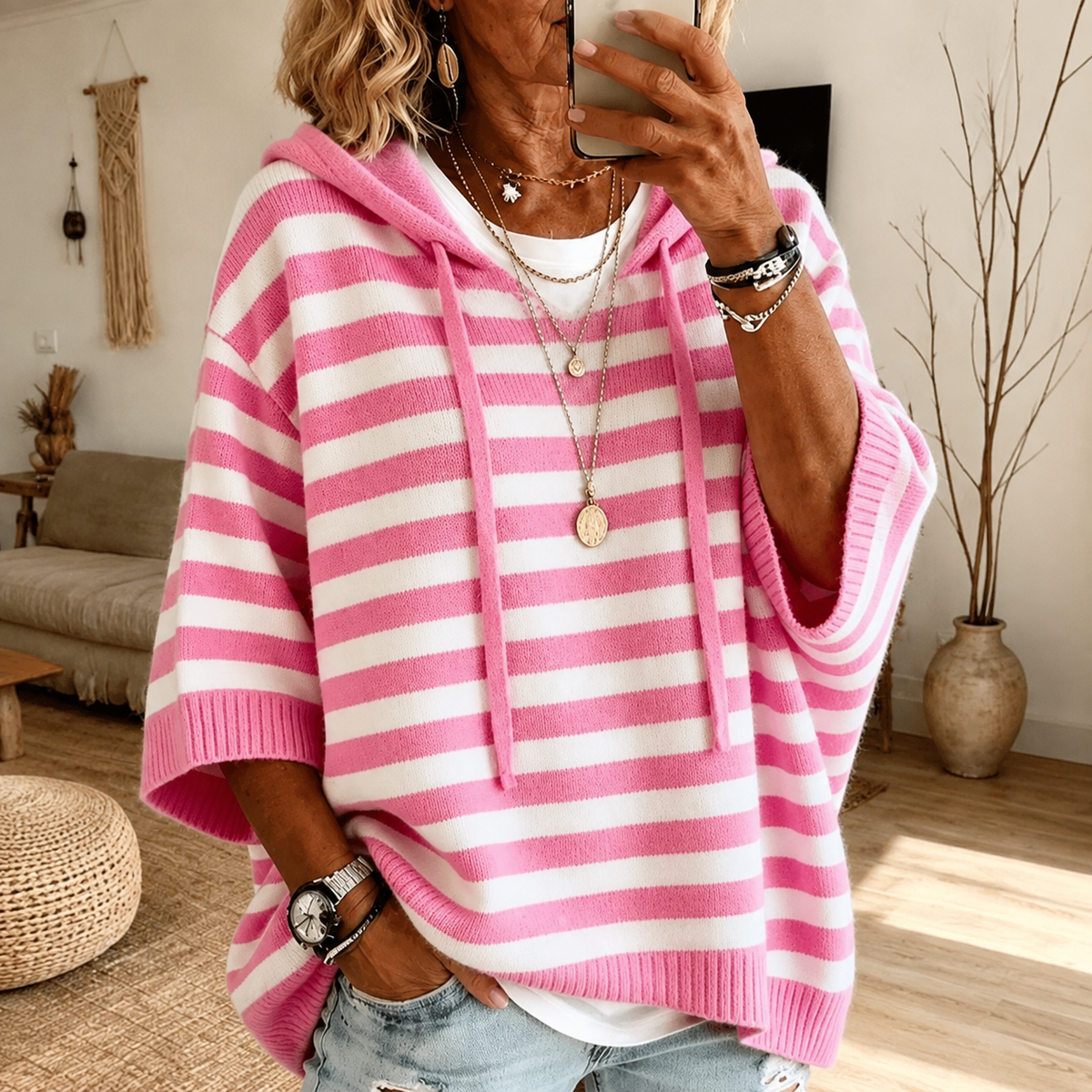 Emilie | Maglione a Poncho a Righe Rosa