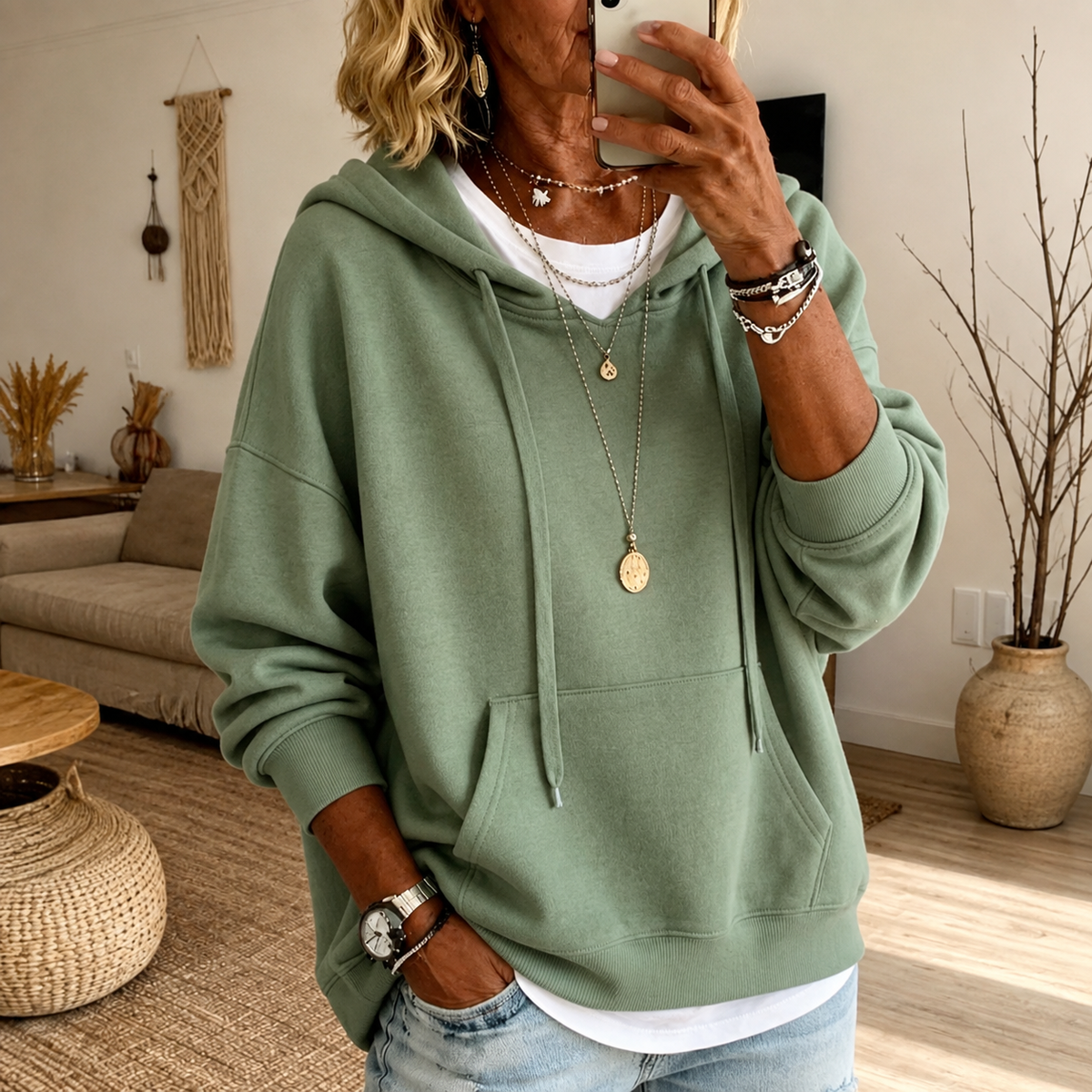 Amandine | Felpa Oversize con Cappuccio Verde Salvia