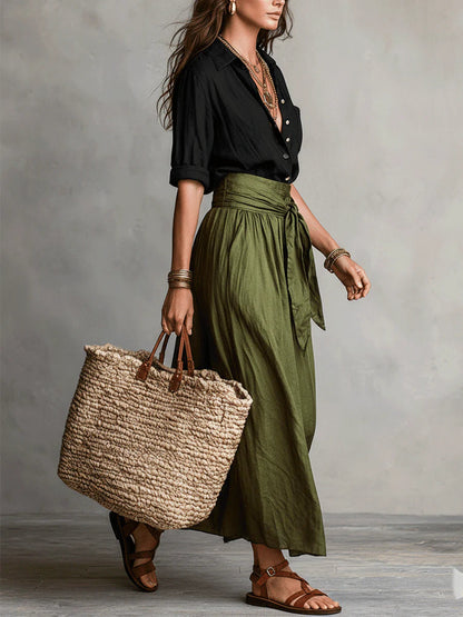RIVER | Set Due Pezzi: Top Nero e Gonna Midi Verde Oliva