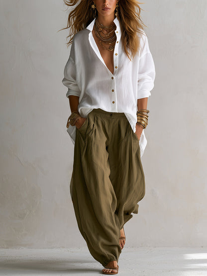 CRISTINA | Set Camicia Bianca e Pantaloni Lanterna a Gamba Larga