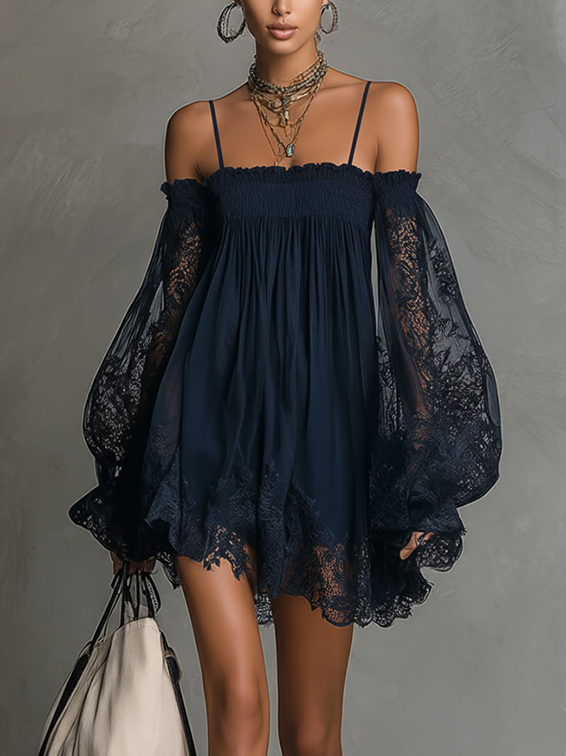 NOEMI | Mini Abito in Chiffon con Pizzo Blu Navy