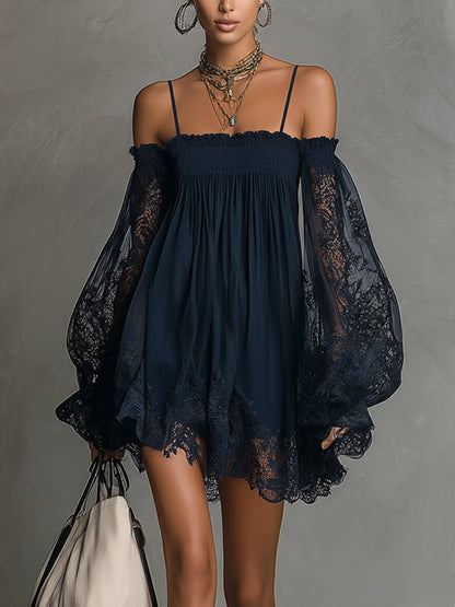 NOEMI | Mini Abito in Chiffon con Pizzo Blu Navy