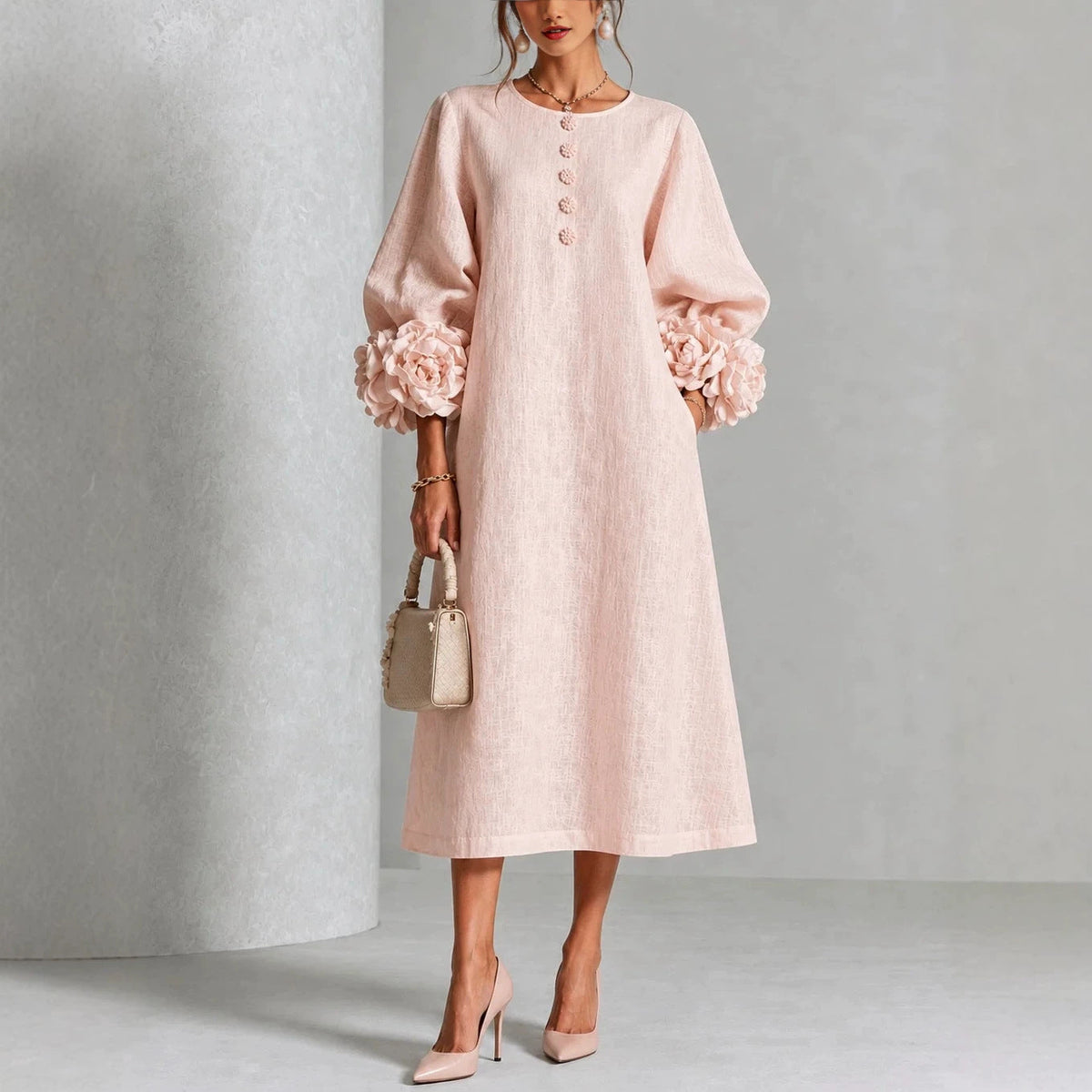 IVY | Abito Midi Floreale con Maniche a Canna di Rosa