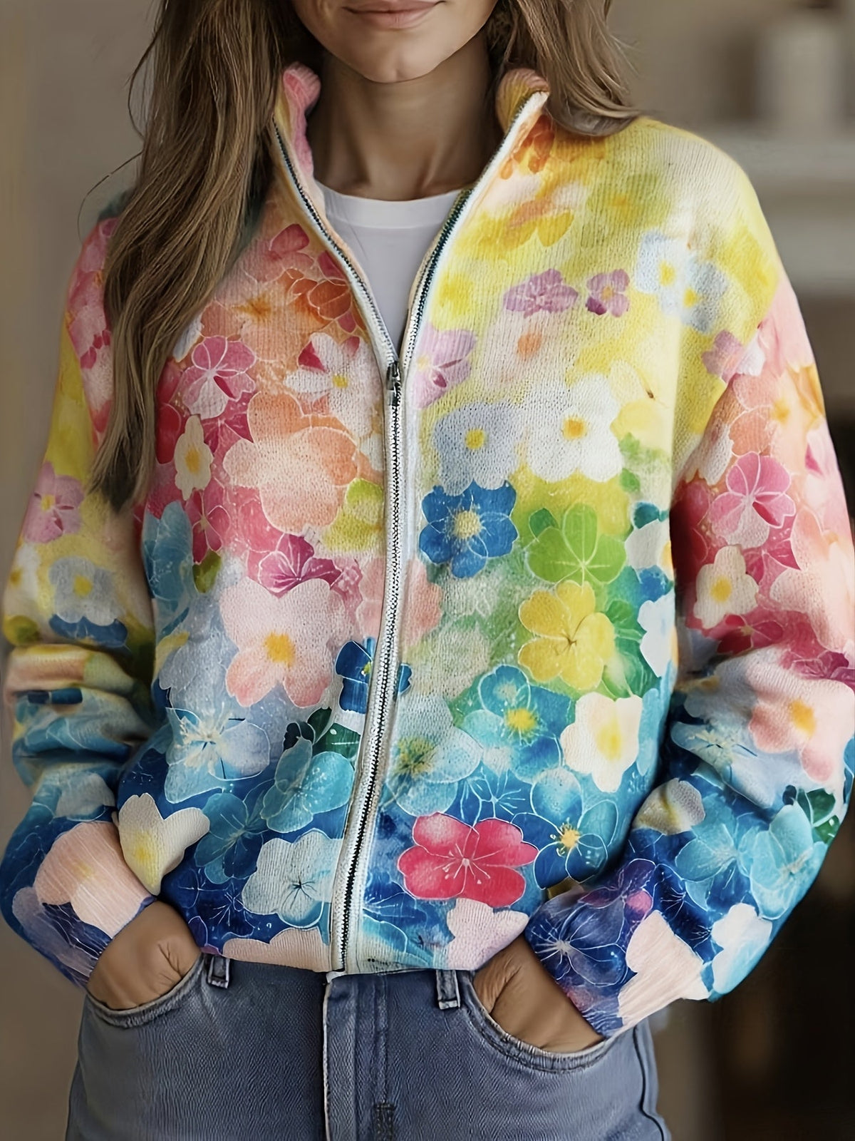 Augusta | Cardigan con Zip Floreale Sfumato ad Acquerello