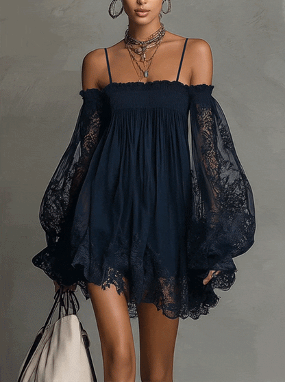 NOEMI | Mini Abito in Chiffon con Pizzo Blu Navy