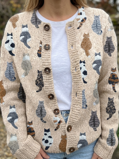 Penelope™ | Cat Print Button-Front Cardigan