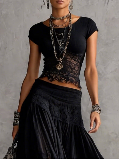 LUDOVICA | Set Top in Pizzo Nero e Gonna Maxi Plissettata