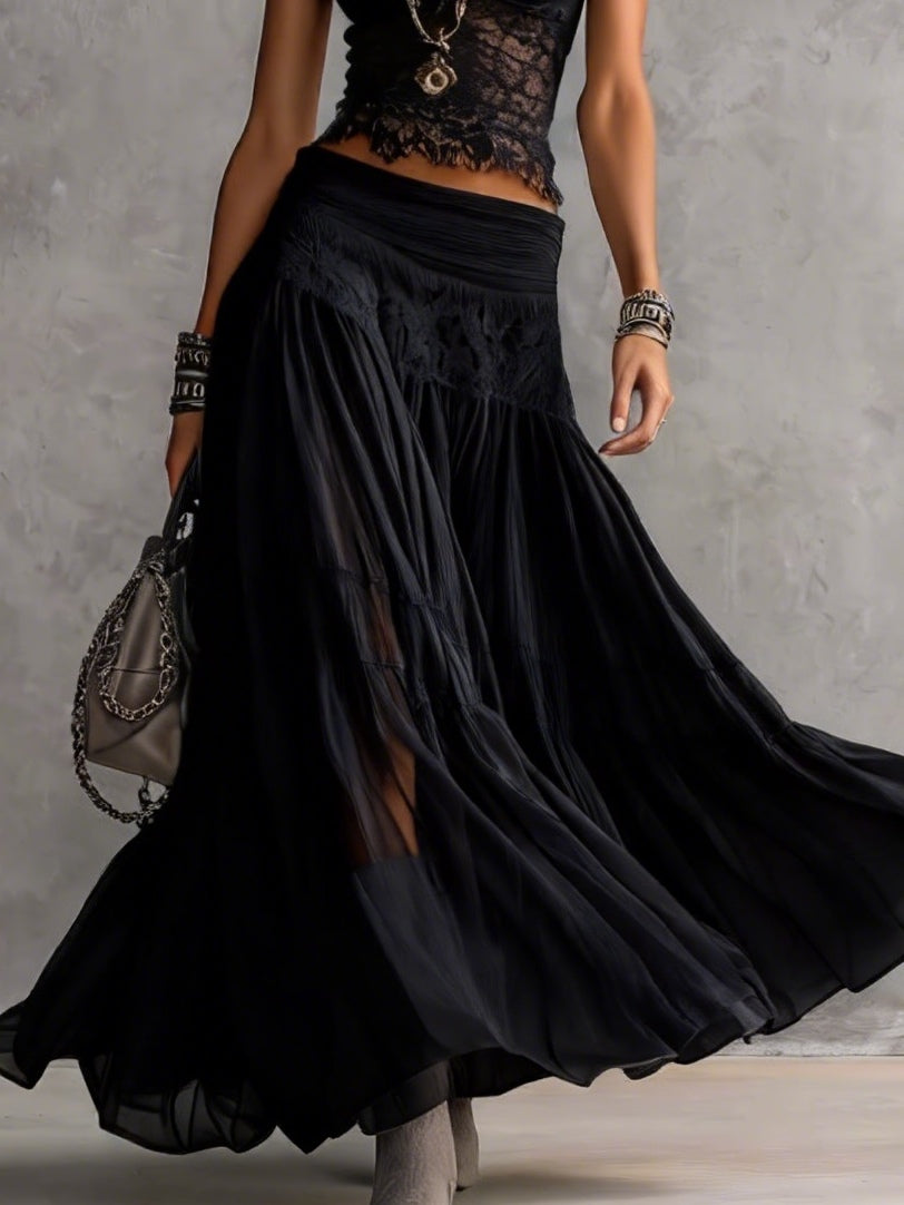 LUDOVICA | Set Top in Pizzo Nero e Gonna Maxi Plissettata