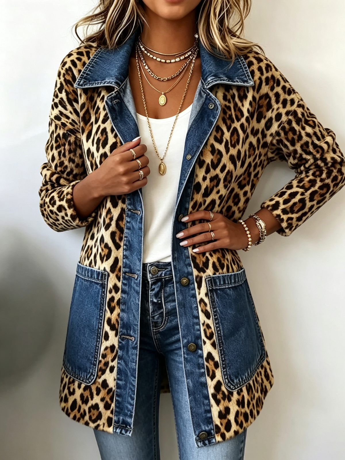 Fablenne | Giacca Lunga con Pannelli in Denim a Contrasto e Stampa Leopardata
