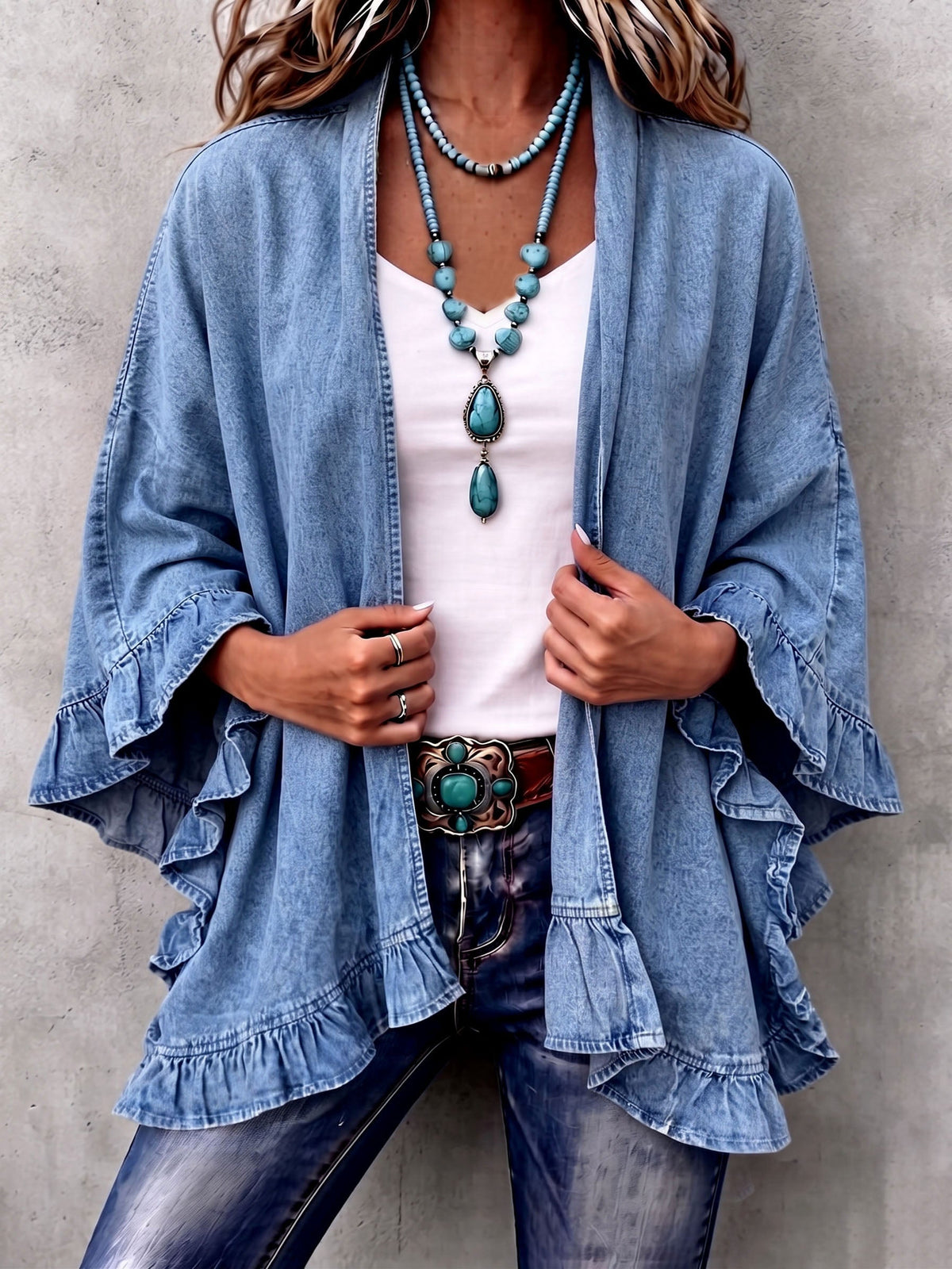 Corinne | Cardigan in Denim con Rouches Boho